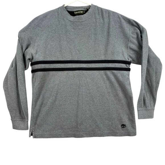 Timberland Mens Sweatshirt Small Gray Striped Crewneck Long Sleeve Pullover Logo - Picture 1 of 9